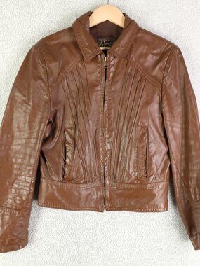 Vintage Leather Jacket Womens Medium Brown Biker Full Zip Lined Cropped 80s